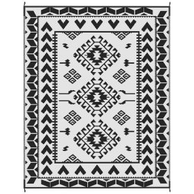 Reversible Outdoor Rug, Waterproof Plastic Straw With Carry Bag, 8 X 10, Black & White Rhombus Patchwork (Color: black)