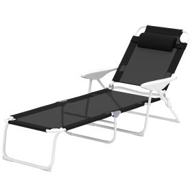 Folding Chaise Lounge, Outdoor Sun Tanning Chair, 4-Position Reclining Back, Armrests, Removable Pillow, Black (Color: black)